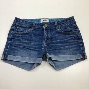 PAIGE Medium Wash 5 Pocket Logo Hardware JIMMY JIMMY Cuffed Hem Denim Shorts